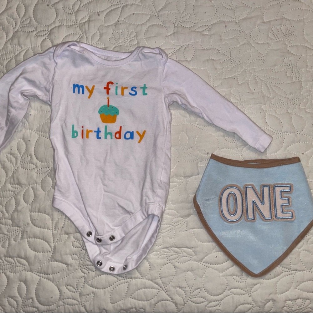 White 'My First Birthday' Onesie and Blue Bib Set
